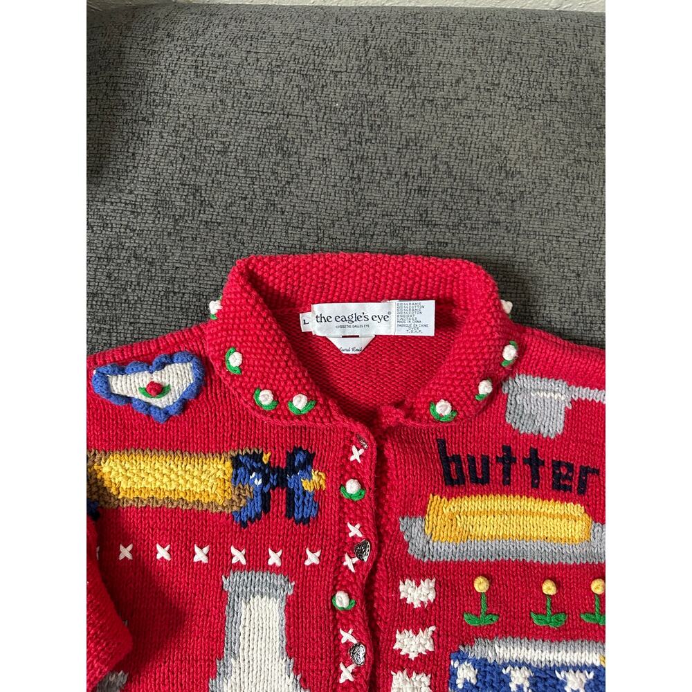 Rare Vintage Eagle's Eye Sugar Cookies Recipe Cardigan Sweater L Hand Knit - Picture 11 of 15